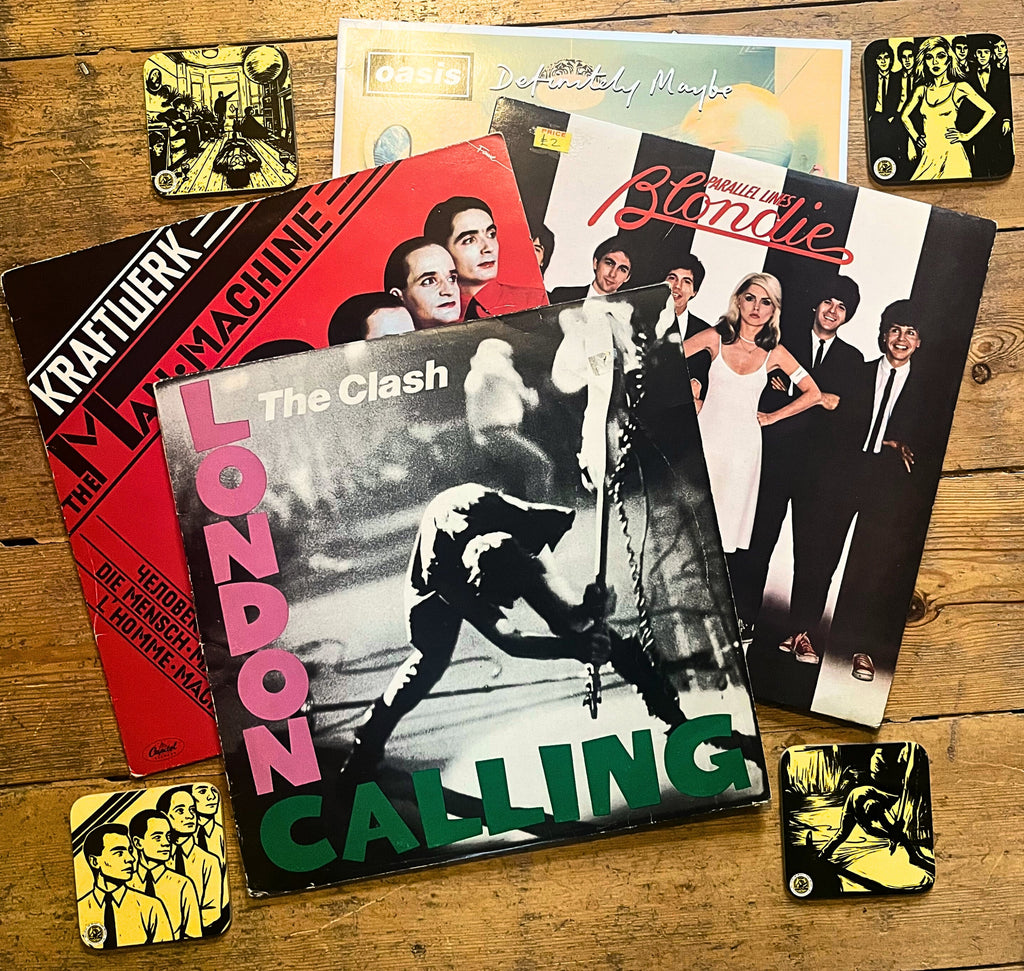 High‑gloss hardwood drinks coasters featuring iconic album artwork