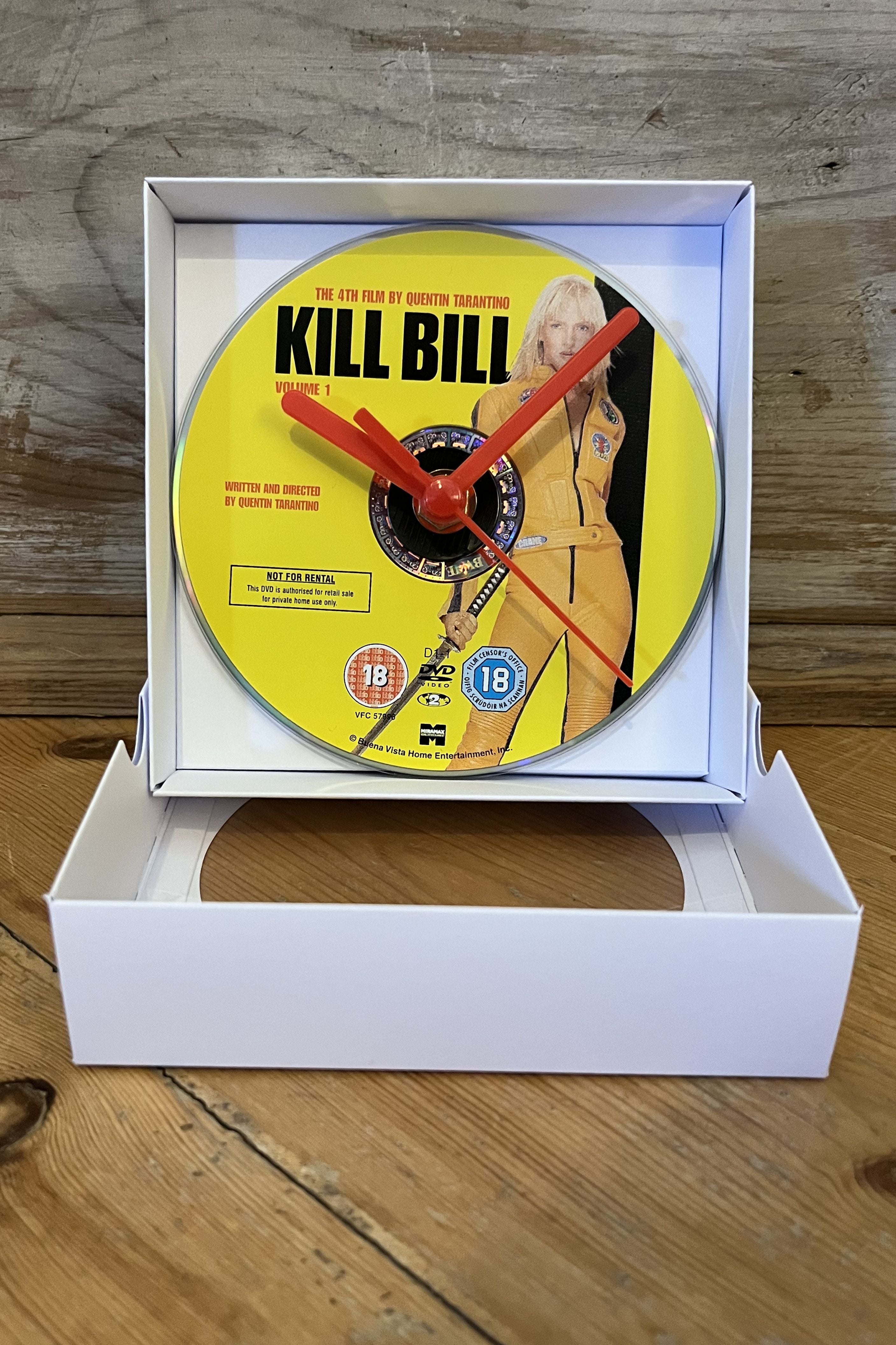 Kill Bill Vol. 1 DVD clock showing detailed yellow cover design in gift box